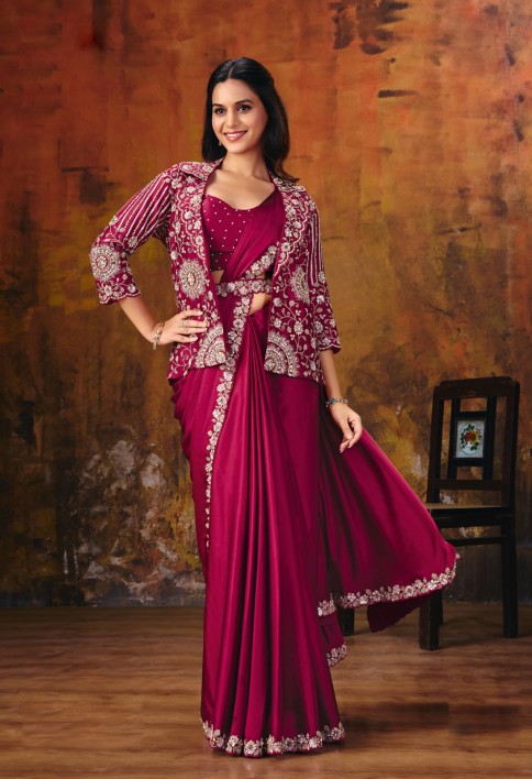 Rani Pink Embroidered Wedding Party Designer Saree